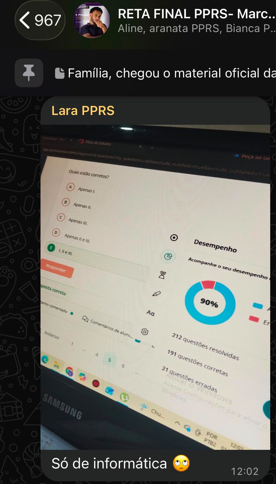 Depoimento: print de desempenho de 90% em questões