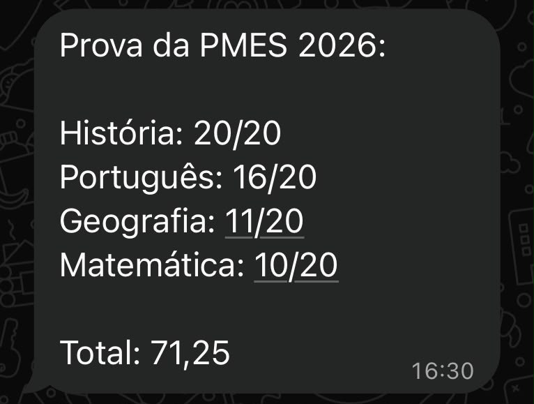 Depoimento de aluno: prova da PMES 2026, 16 de 20 em Português
