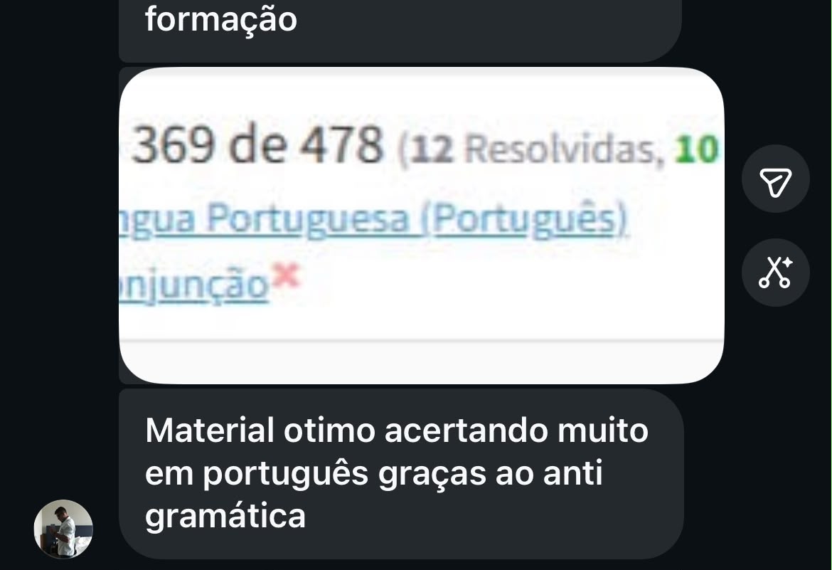 Depoimento com print do Qconcursos: 90% de desempenho graças ao Anti Gramática