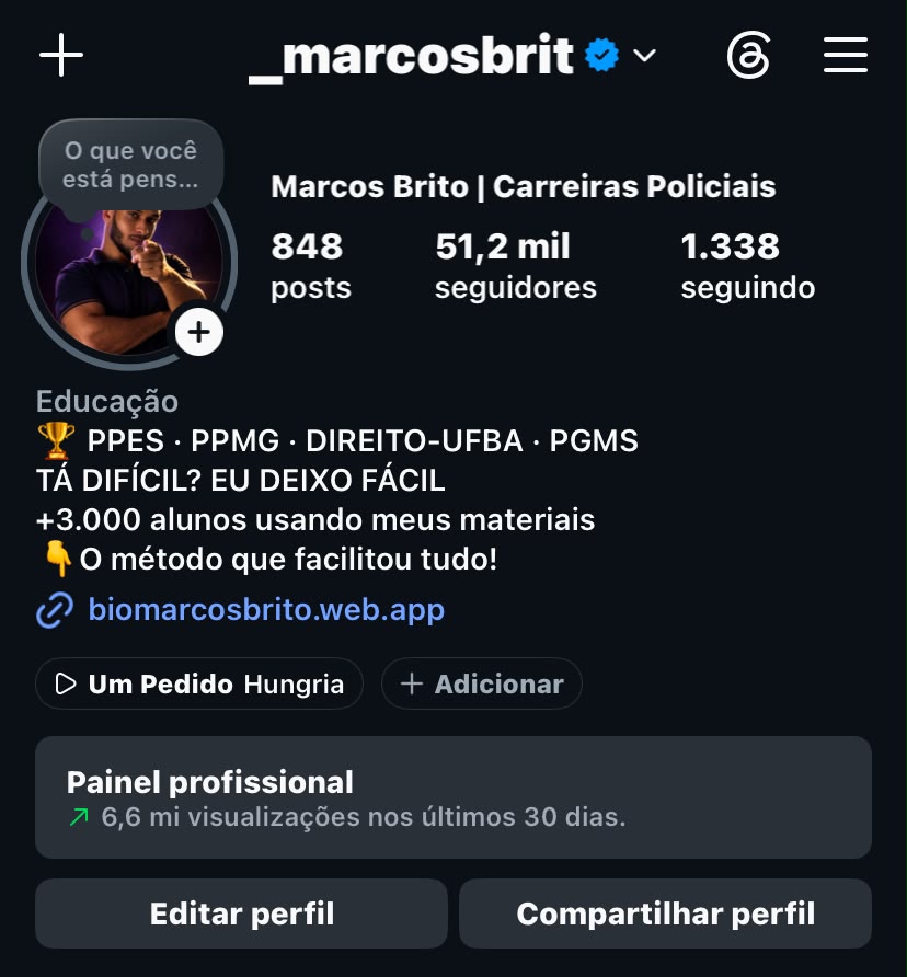 Perfil de Marcos Brito no Instagram com mais de 50 mil seguidores